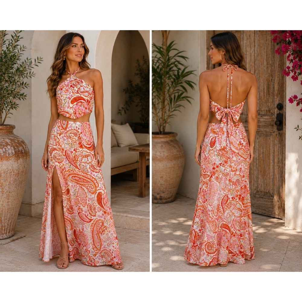 Mable Anthropologie Paisley Halter Crop Top Maxi Skirt Set L Pink Orange